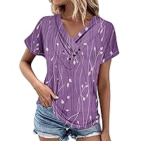 Tops for Women Casual Summer Trendy Tops for Women 2024 Marble Print Fashion Button Splice Leisure Loose with Short Sleeve V Neck Shirts Purple Medium
