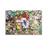 Red Bird Nest Flowers Idyllic Painting Poster on Tree Trunk in Forest Wall Art Paintings Canvas Wall Decor Home Decor Living Room Decor Aesthetic 08x12inch(20x30cm) Unframe-style