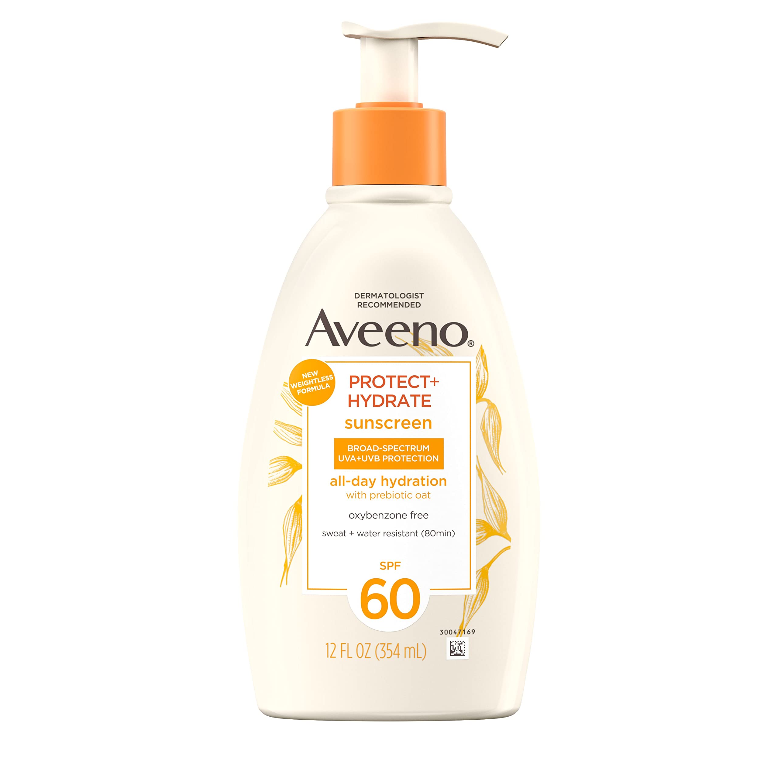 Aveeno Protect + Hydrate Moisturizing Body Sunscreen Lotion with Broad Spectrum SPF 60 & Prebiotic Oat, Weightless, Paraben-Free, Oil-Free & Oxybenzone-Free, Pump Bottle, 12.0 fl. oz