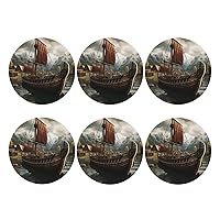 Old Viking Boat Leather Coasters Set of 6 Waterproof Heat-Resistant Drink Coasters Round Shape Cup Mat for Living Room Kitchen Bar Coffee Decor