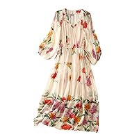 Women Dress Silk Floral Printed V Neck Long Sleeve Drawstring Waist Long Beige Two Piece Set Skirt 2797