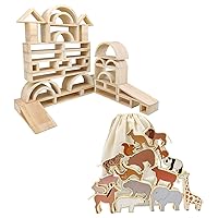 Bundle of Wooden Zoo Animal Figures Blocks Stacking and Balancing Toy for Toddler Imaginative Play and Over-Sized Hollow Wooden Block Set for Kids, Natural 29 Piece Set of Large Wood Blocks Set