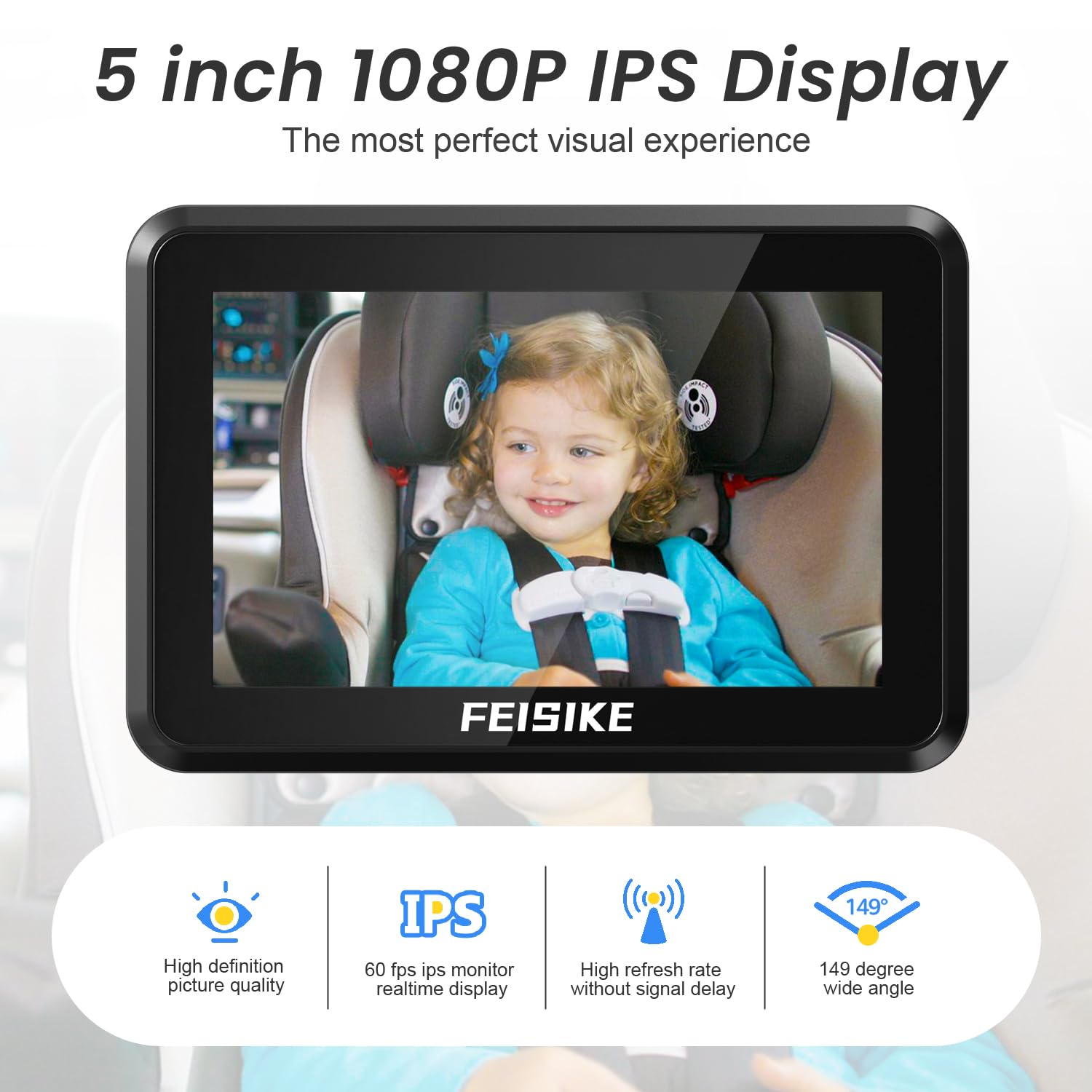 FEISIKE Baby Car Camera, 1080P Dual-Channel 5 inch Display Baby Car Monitor with 2 IR Night Vision Camera, Easily Install Car Camera for Baby with Crystal Clear Wide View for Rear Facing Seat