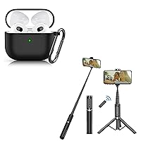 Ailun AirPods 3 Case Cover with Keychain Neck, Protective Silicone Case Skin Compatible with AirPods 3rd Generation and Selfie Stick Tripod,Extendable Aluminum,3 in 1,Bluetooth Wireless Remote and 360