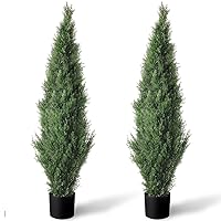 Set of 2 Pre-Potted 4 Feet Faux Cedar Tree, Lifelike UV Protected Front Door Decor, Porch, Garden, Entryway Topiary, Indoor/Outdoor Use - Ready to Display