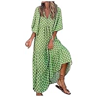 Puff Sleeve Dress Loose Flowy Dress Beach Boho Dresses for Women Cottagecore Sundress Ruffle Hem Maxi Dress Casual Trendy
