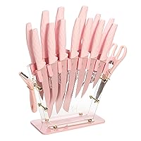Paris Hilton Knife Block Set with Fan Style Clear Acrylic Knife Block, Premium Stainless Steel Blades with Nonstick Coating, Comfort Grip Handles, 16-Piece Set, Pink and Gold
