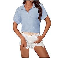 Half Zip Collar Tops Women Casual Trendy T-Shirt Plain Short Sleeve Summer Trendy Blouses Ladies Dressy Tunic Tee