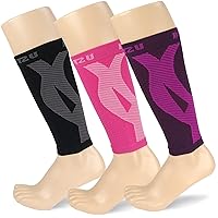 BLITZU 3 Pairs Calf Compression Sleeves for Women and Men Size S-M, One Black, One Pink, One Purple Calf Sleeve, Leg Compression Sleeve for Calf Pain and Shin Splints. Footless Compression Socks.