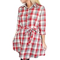 FANCYINN Women Long Sleeve Plaid Pattern Tunic Tops Shirt Casual Dress