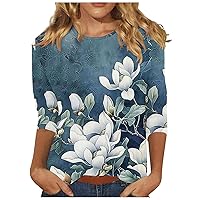 Plus Size Tops for Women Cute Floral Graphic Tee 3/4 Length Sleeve Crewneck Tunic Pullover Summer Trendy Casual Ladies Tshirt