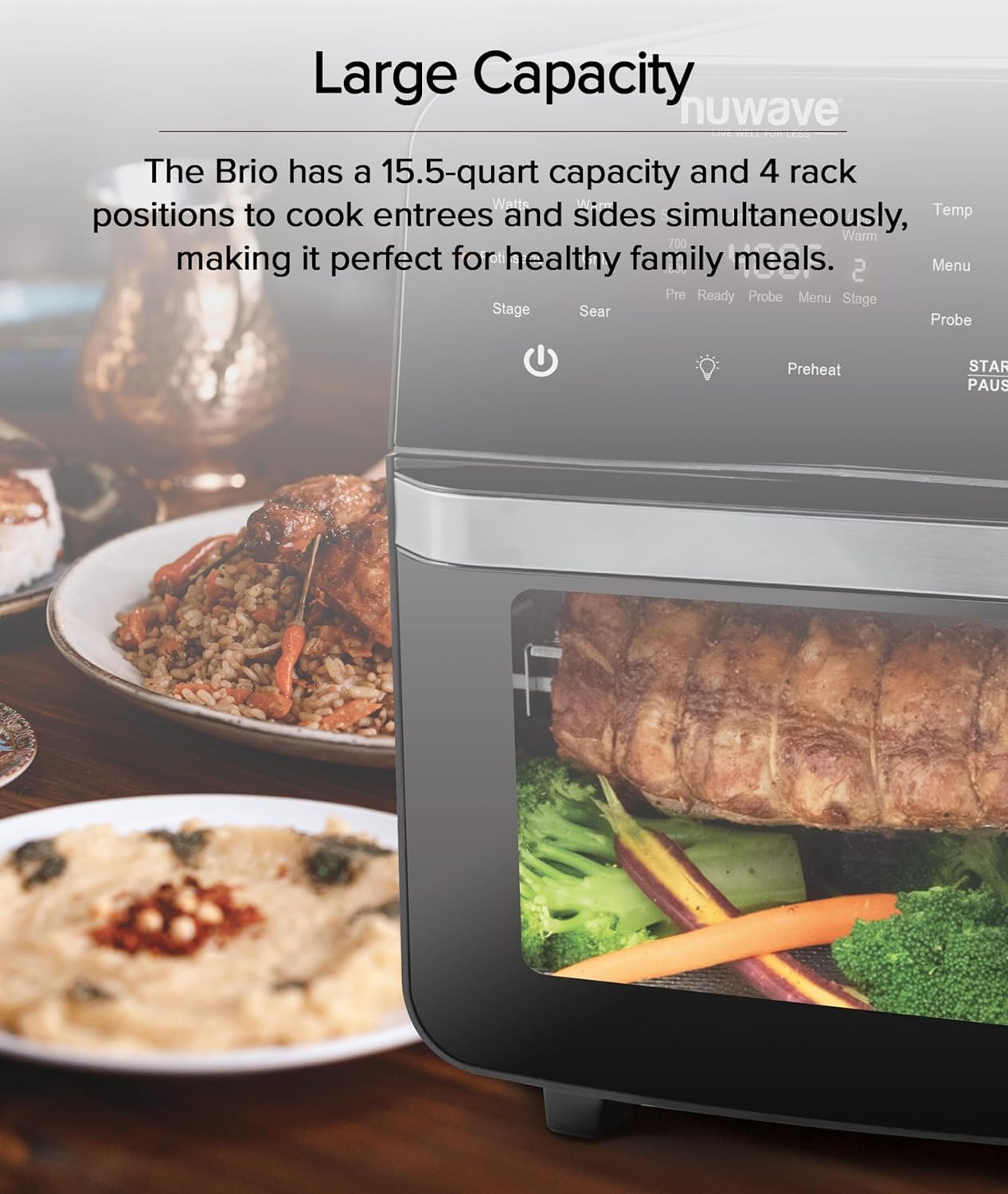 Nuwave Brio Air Fryer Oven, 15.5Qt X-Large Family Size, SS Rotisserie Basket &-Skewer Kit, Powerful 1800W, 50F-425F Temp Controls, Integrated Smart Thermometer