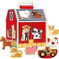 Wooden Toys for 1 2 3 Year Old Girl Boy,Montessori Farm Animals Toys Set,Take-Along Sorting Barn Toy,Wooden Stacking Toys,Christmas Birthday Gift for Toddlers Baby 1-3 Years