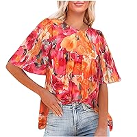 Summer Tops for Women, Womens Short Sleeve Floral Print V Neck Fashion Pullover T Shirt Loose Fit Dressy Casual Tee Blouse