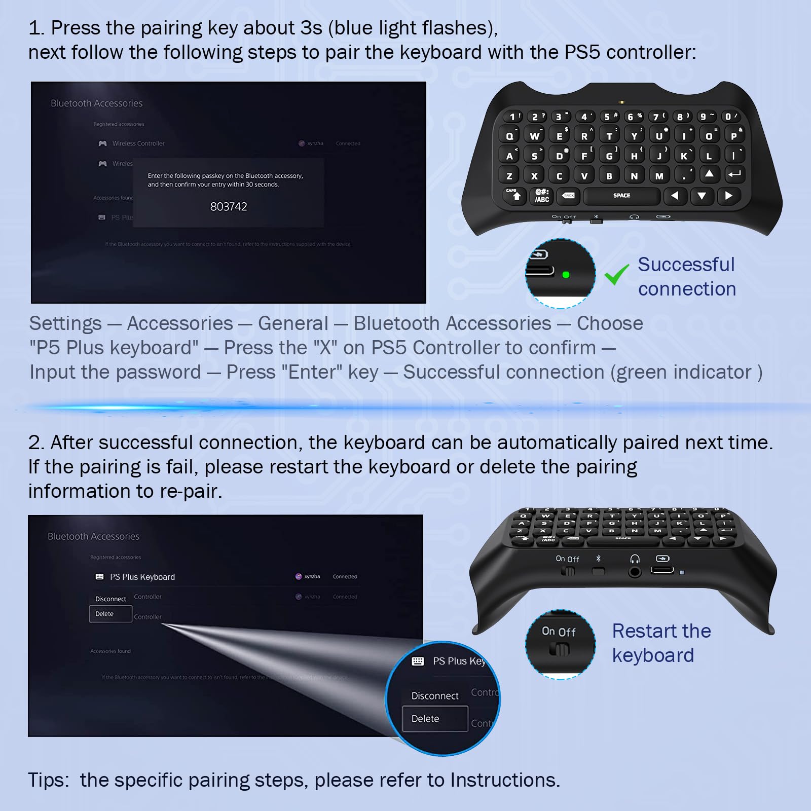 MoKo Keyboard for PS5 Controller with Green Backlight, Bluetooth Wireless Mini Keypad Chatpad for Playstation 5, Built-in Speaker & 3.5mm Audio Jack for PS5 Controller Accessories