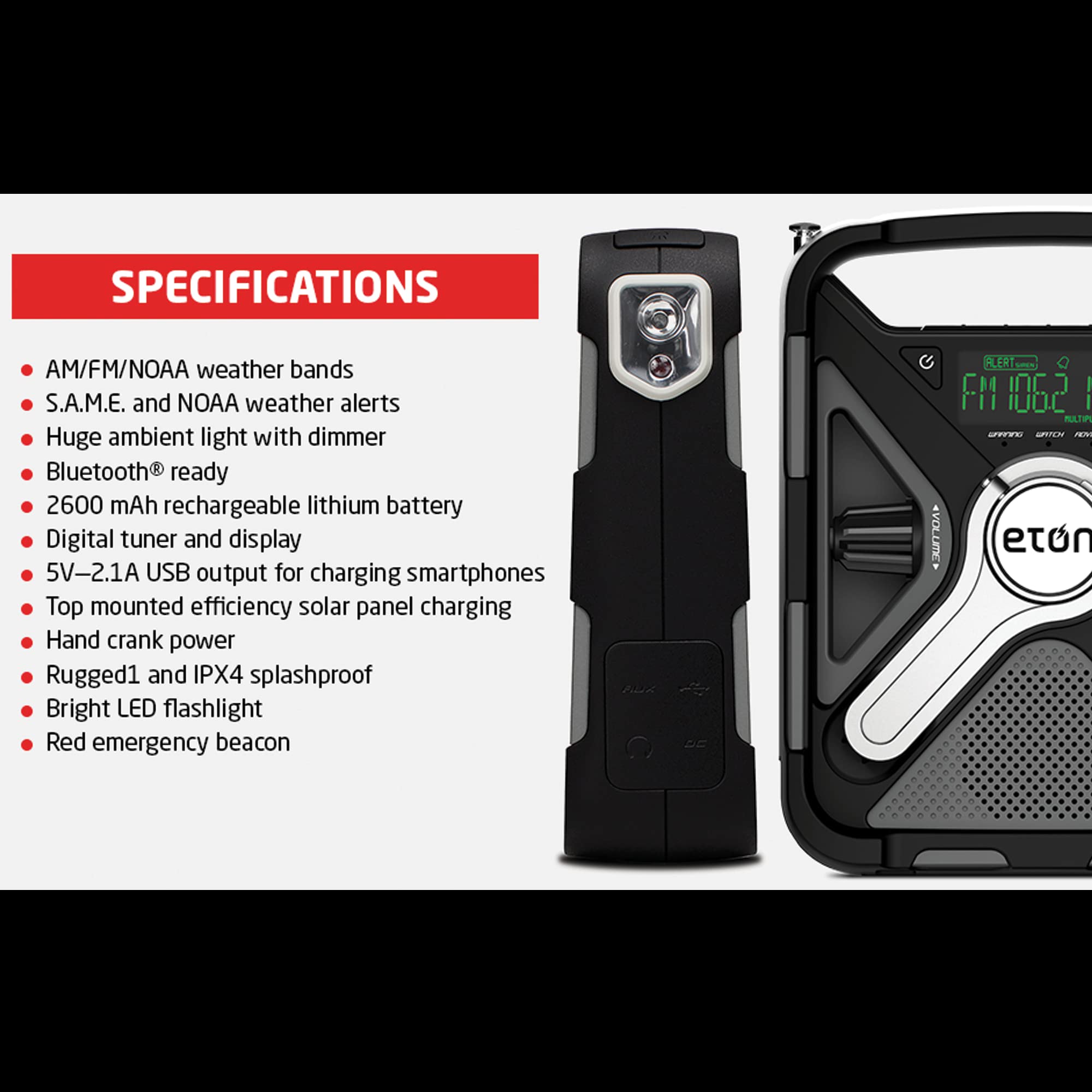 Eton - Sidekick, Ultimate Camping AM/FM/NOAA Radio with S.A.M.E Technology, Solar Powered, Battery Powered, Bluetooth, Rechargeable, LED Flashlight, Phone Charger, Commitment to Preparedness