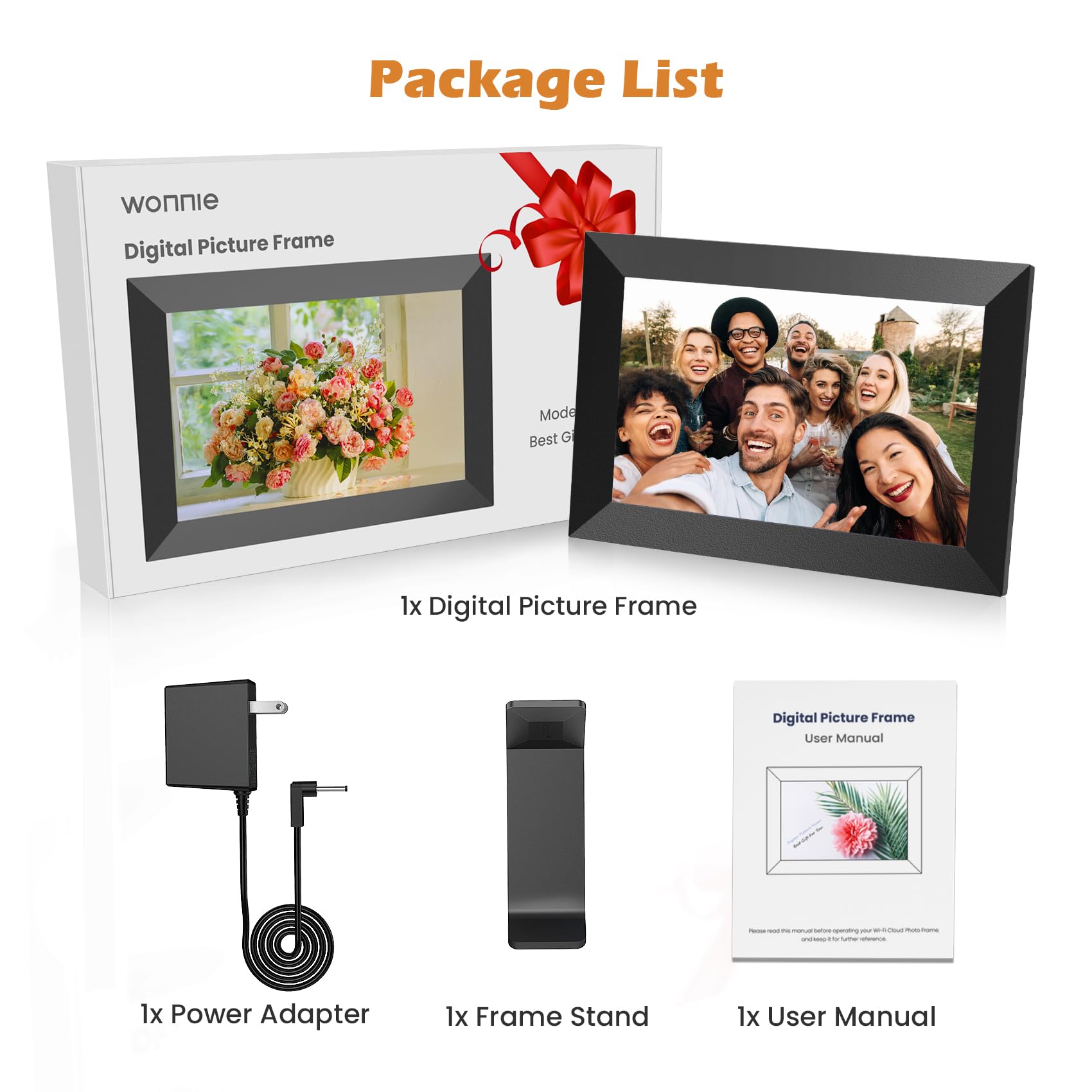 WONNIE 10.1 Inch WiFi Digital Picture Frame with 32GB Memory, 1280x800HD IPS Touch Screen Electronic Photo Frames, Easy Set-up & Use, Instant and Private Photo-Sharing, Send Wishes, Auto-Rotate