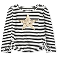 Girls' Long Sleeve Flip Sequin Star Graphic Striped Cinched Top
