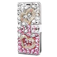 Crystal Wallet Phone Case Compatible with Moto G Stylus 5G - Heart - White&Pink - 3D Handmade Sparkly Glitter Bling Leather Cover with Screen Protector & Neck Strip Lanyard
