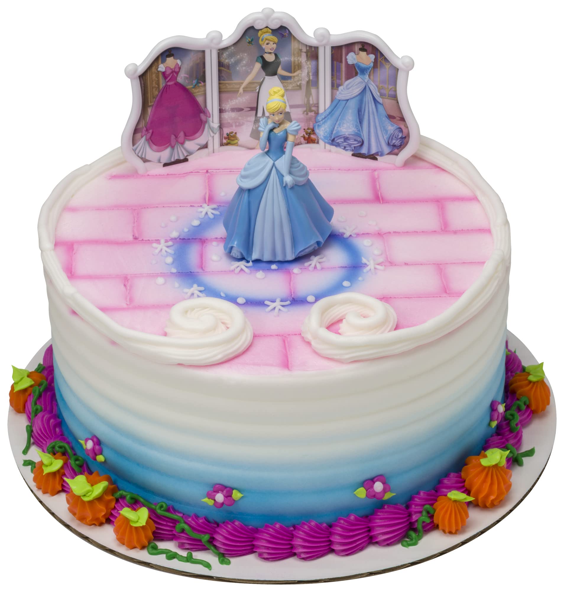 DecoSet® Disney Princess Cinderella Transforms Cake Topper, 4-Piece Birthday Cake Decorations Set with Figurine and Dress Stickers