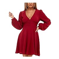 B Darlin Womens Red Stretch Pleated Textured Button Lined Long Sleeve V Neck Mini Party Fit + Flare Dress Juniors 9