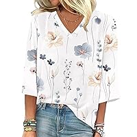 3/4 Sleeve Tops for Women Casual Floral Printed V Neck T Shirts Loose Fit Three Quarter Length Tunic Top