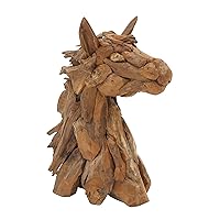 Deco 79 Teak Wood Horse Handmade Decorative Sculpture Head Home Decor Statue with Layered Woodchip Pieces, Accent Figurine 10