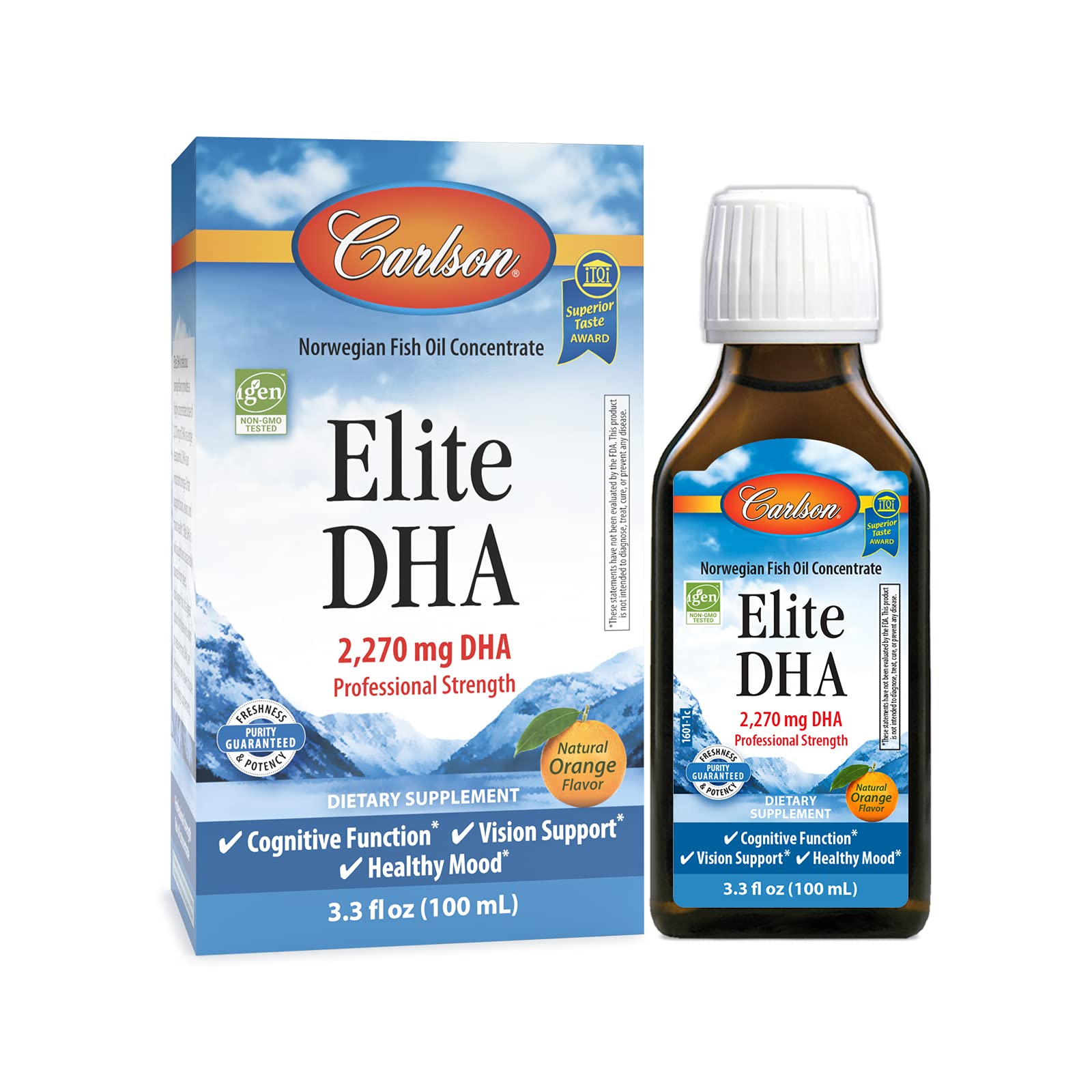 Carlson - Elite DHA, 2270 mg DHA, Professional Strength, Norwegian Fish Oil Concentrate, Cognitive Function & Vision Support, Orange, 100 mL