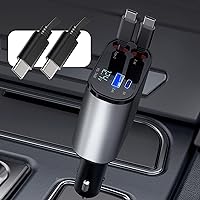 Retractable Car Charger with Dual Type-C Retractable Charging Cables and 2 USB Ports, 4 in 1 Fast Car Phone Charger with Voltage Display for iPhone 15/14/13/12 Pro Max,iPad,Samsung