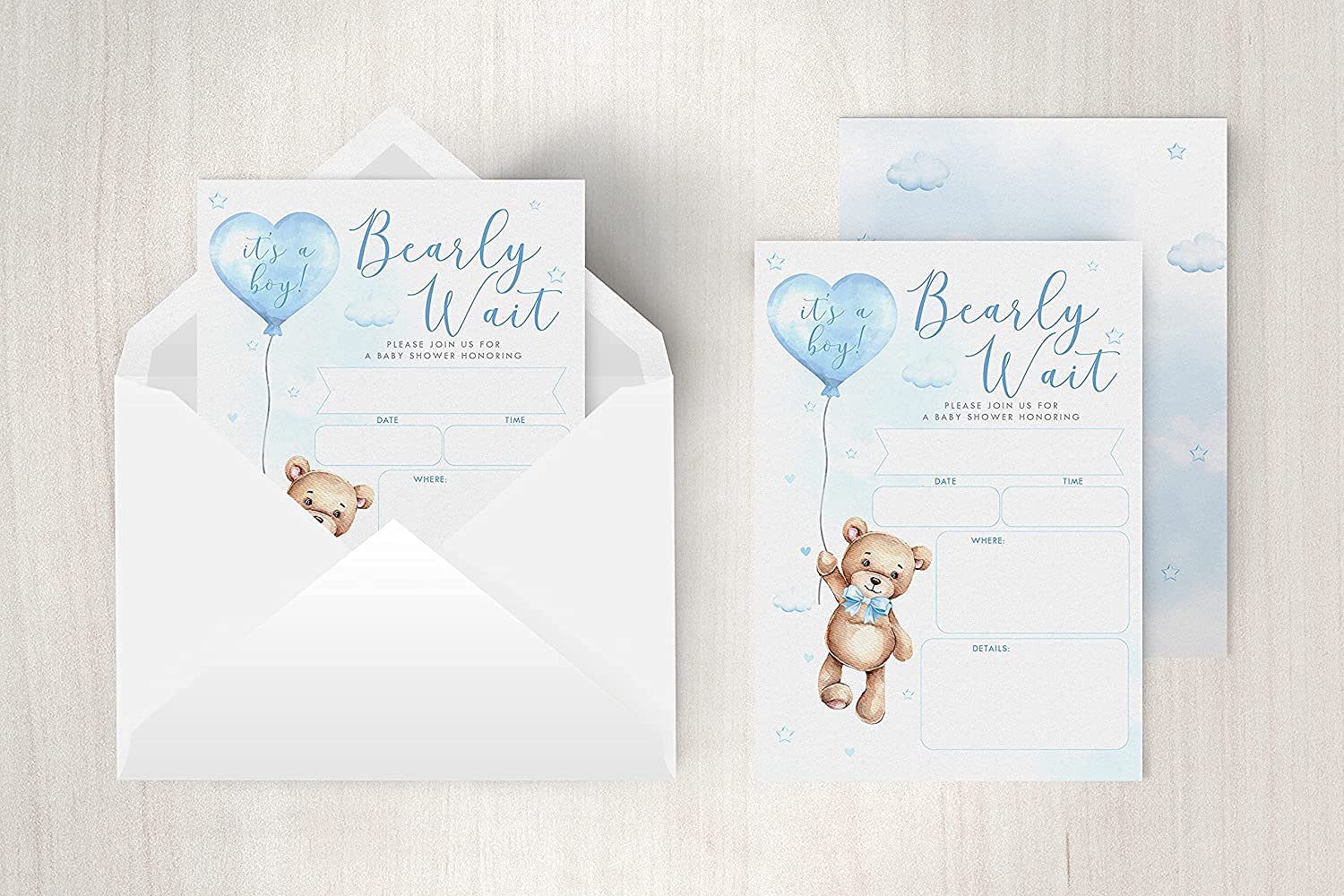 Bear Baby Shower Invitations with Book Request and Diaper Raffle Card, We Can Bearly Wait Teddy, Forest Animal, Baby Sprinkle, 20 Fill in Invites
