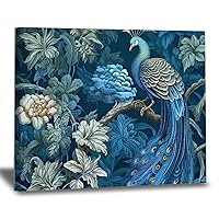 WoGuangis Indigo Blue Chinoiserie Peacock Artworks Antique Blue Flower and Animal Bird Canvas Artworks Chinoiserie Chic Asian Framed Wall Art Posters & Prints for Living Room 8x10in