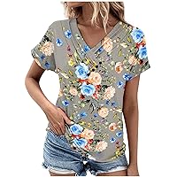 Womens Summer Tops Dressy Casual Side Button V-Neck T-Shirts Floral Printed Henley Tunic Top Blouses