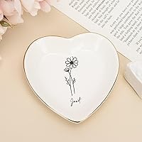 Decorative Plate Personalized Birth Flower Jewelry Tray Ring Plate for Jewelry Bracelets Earrings Heart Shape Flowers Ceramic Jewelry Dish Bridal Showers Gifts for Friends Female
