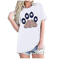 4th of July Women's American Flag Short Sleeve T Shirts Dog Paw Stars Stripes Graphic USA Flag Patriotic Memorial T-Shirts