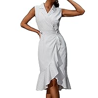 Summer Dresses for Women 2023 Striped Print Wrap Ruffle Hem Midi Shirt Dress