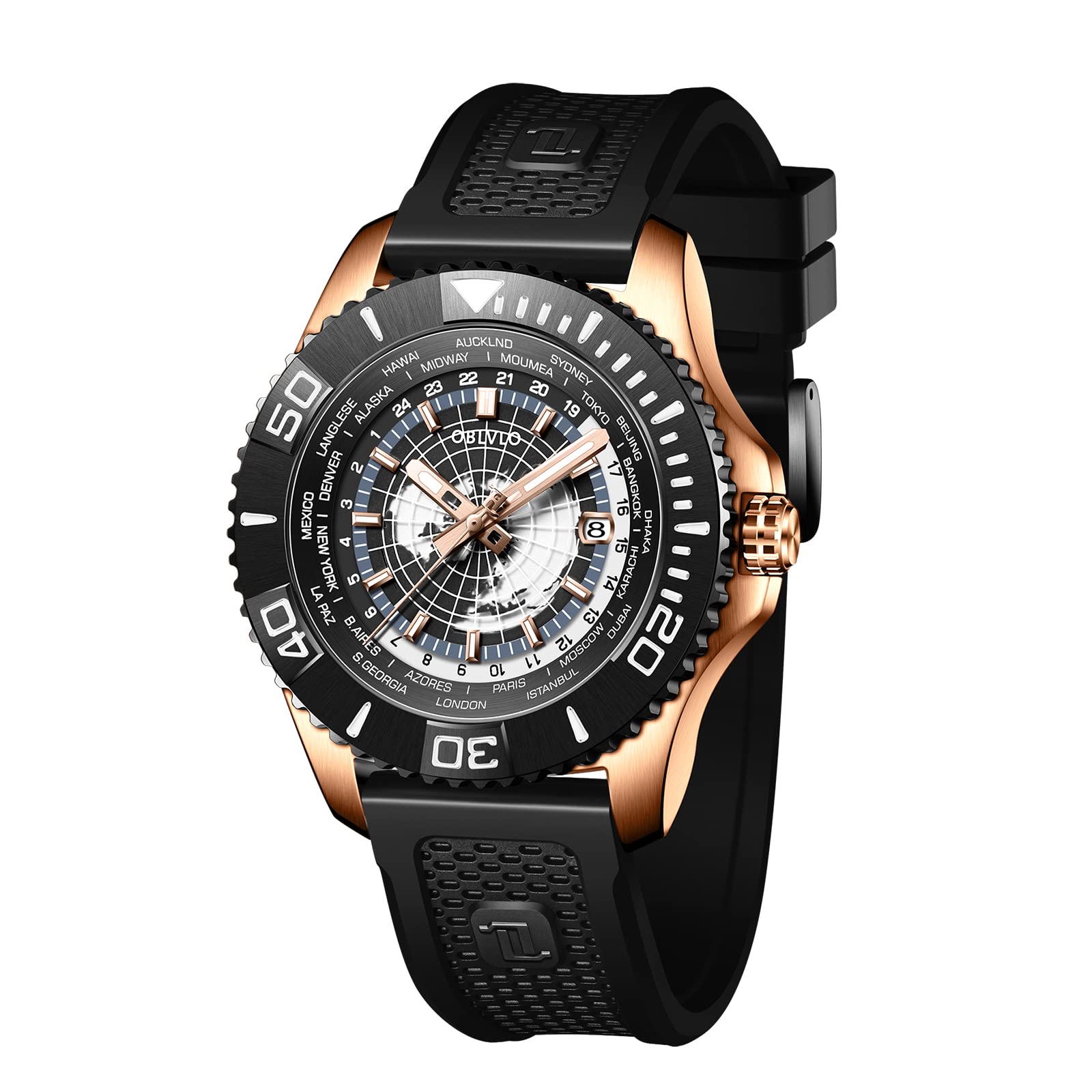 OBLVLO Luxusmarke World Time Military Automatische Mechanische Uhr für Herren Leder Wasserdicht Super Luminous Herrenuhren BM