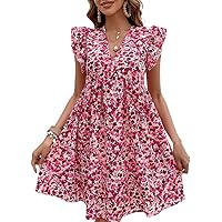 Dresses for Women - Prom Dress V-Neck Allover Floral Print Smocked Dress with Ruffle Trim, Short A Line Dress