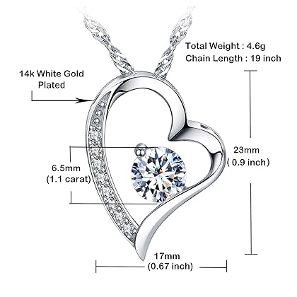 sephla Heart Necklace 14K White Gold Plated Round Cut Cubic Zirconia Forever Lover Heart Pendant Necklace for Women Girls
