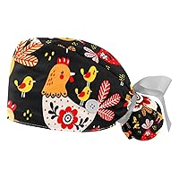 Adjustable Scrub Bouffant Caps, 2 PCS Fruit Floral Working Hat Hair Cover with Ponytail Pouch, Soft Surgical Nurse Cap
