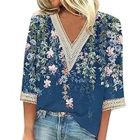 COTECRAM 2024 Women's Summer Casual 3/4 Sleeve Shirts Lace V Neck Dressy Tops Trendy Vacation Boho Floral Blouses