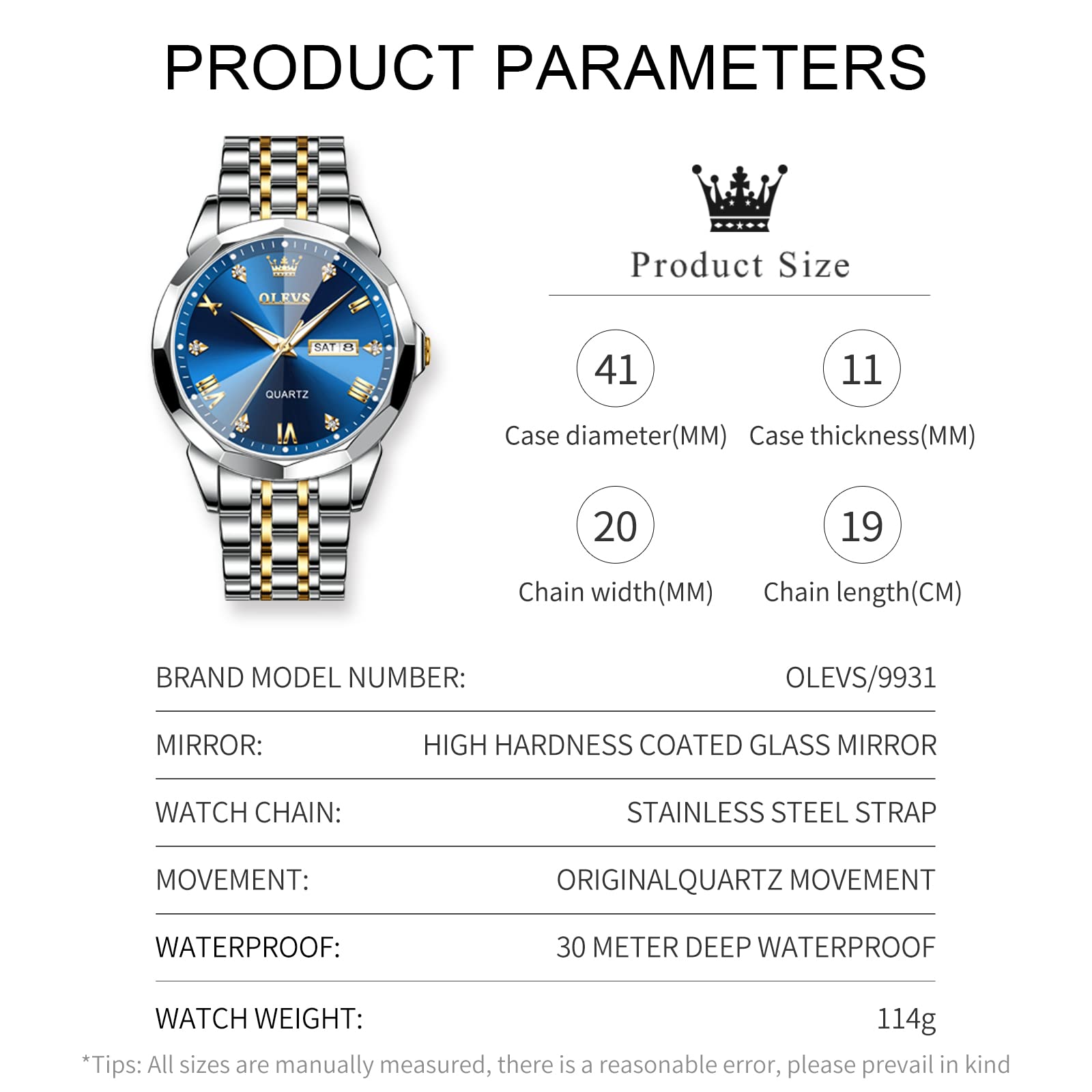 OLEVS Watches for Men Stainless Steel Analog Quartz Waterproof Luminous Luxury Dress Date Diamond Business Casual Mens Wrist Watch（Gold/Blue/Black/White Dial）