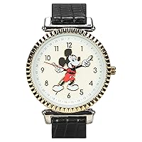 Accutime Disney 100 Mickey Mouse Black Analog Watch for Men, Adults with Leather Band - Japanese Quartz Movement (Model: MK5571AZ)