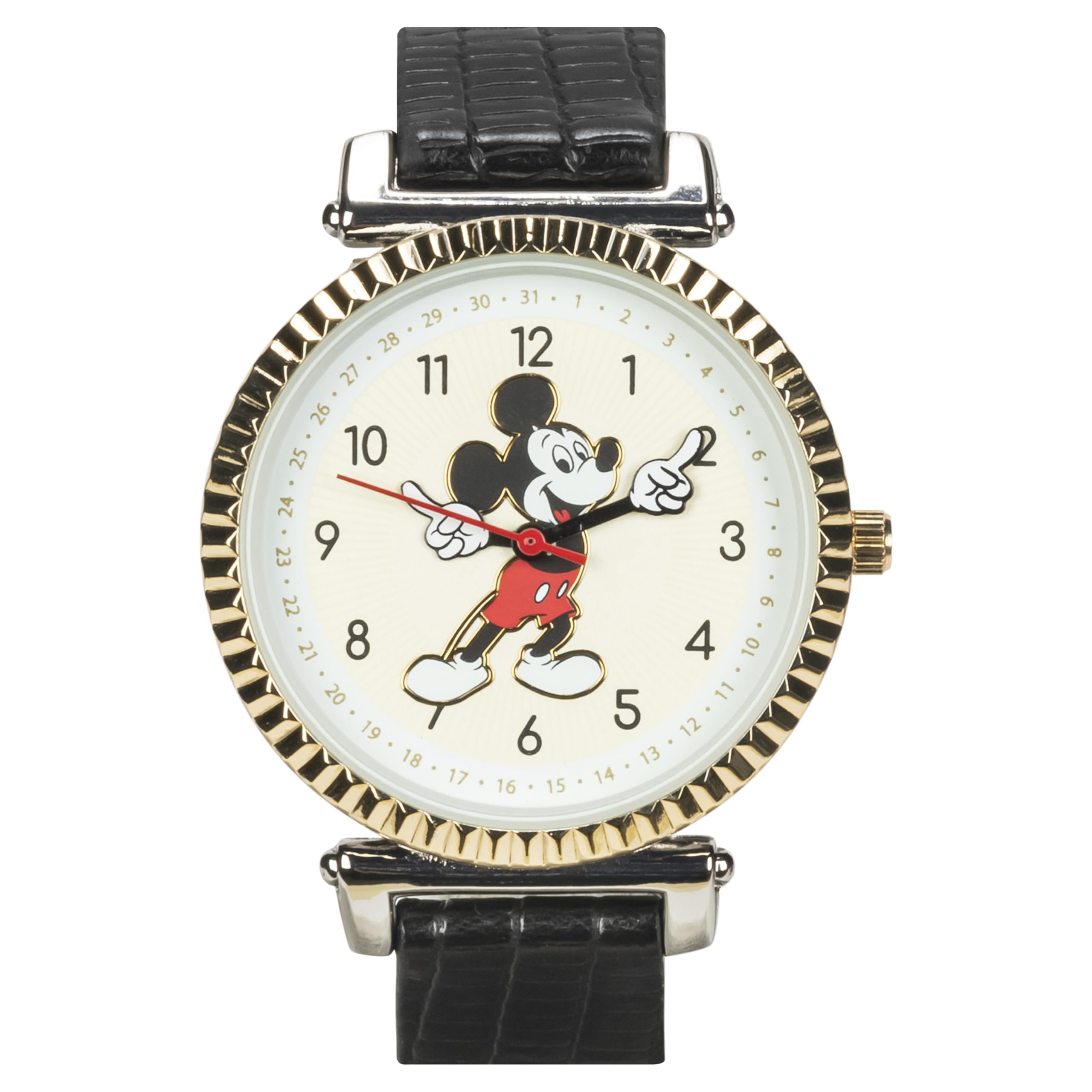 Accutime Disney 100 Mickey Mouse Black Analog Watch for Men, Adults with Leather Band - Japanese Quartz Movement (Model: MK5571AZ)