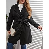 OVEXA Women's Large Size Fashion Casual Winte Plus Solid Belted Overcoat Leisure Comfortable Fashion Special Novelty (Color : Black, Size : XX-Large)