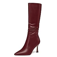 Womens Matte Pointed Toe Outdoor Solid Dress Zip Stiletto High Heel Mid Calf Boots 3.3 Inch
