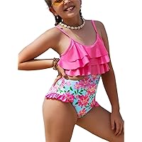 WDIRARA Girl's One Piece Floral Print Ruffle Hem Swimwear Cut Out Colorblock Swimsuit Bathing Suit