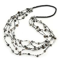 Long Multistrand Black/White Shell/Glass Bead Necklace - 84cm Length