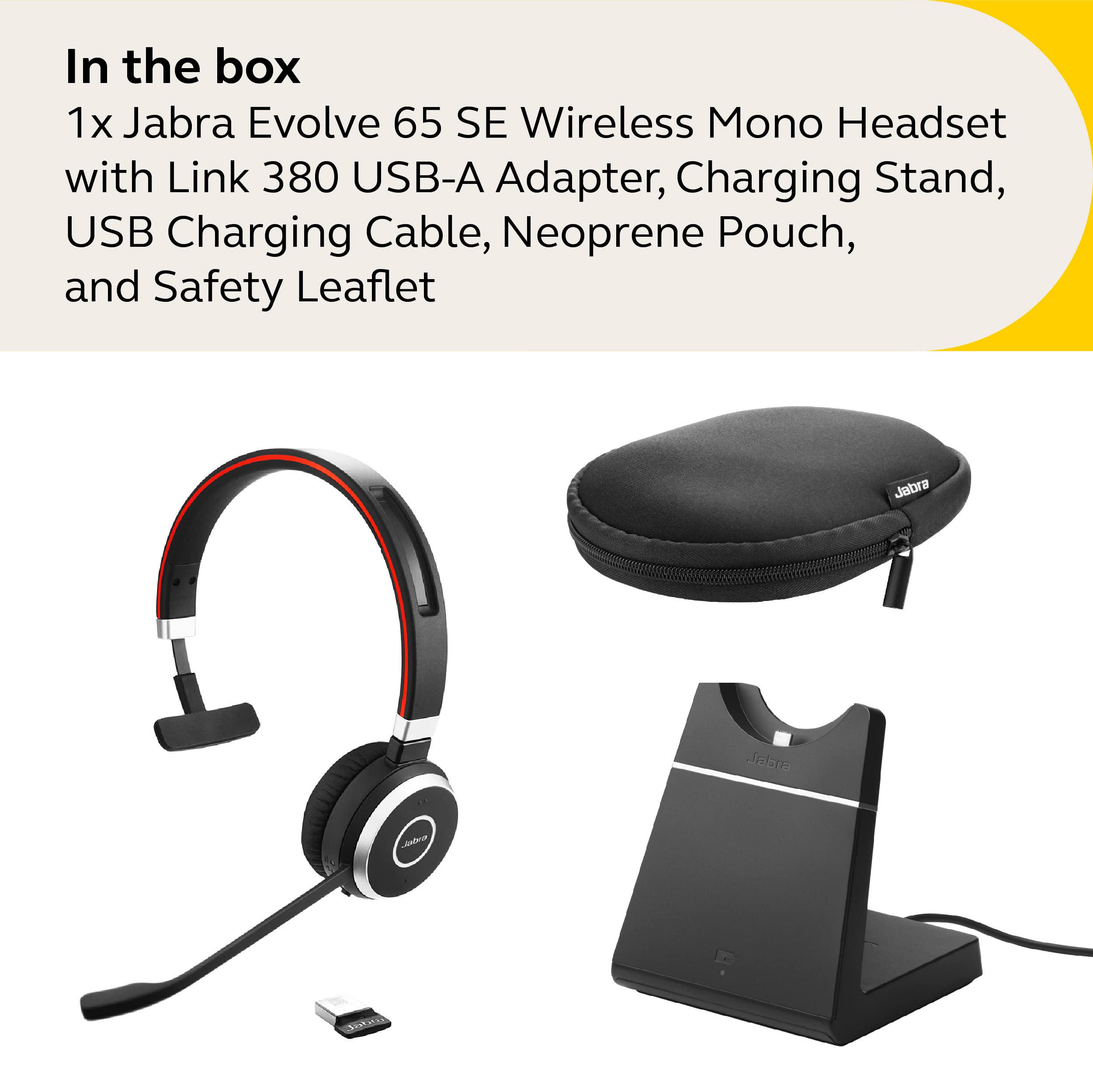 Jabra Evolve 65 SE Mono Wireless Headset - Bluetooth Headset with Noise-Cancelling Microphone, Long-Lasting Battery, and Charging Stand - MS Teams Certified, Works with All Other Platforms  - Black