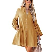 Uincloset Women's Fall Cotton Button Down Dresses Causal Long Sleeve V Neck Tunic Dress with Pockets