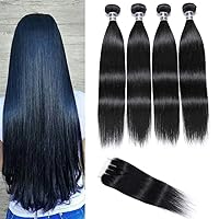 Malaysian Virgin Straight Human Hair 4 Bundles with 3 Part Closure 9A Unprocessed Hair Weave Extensions 1B Color 4x4 Lace Closure Double Wefts Soft Human Hair Extensions (26 26 26 26 +22)